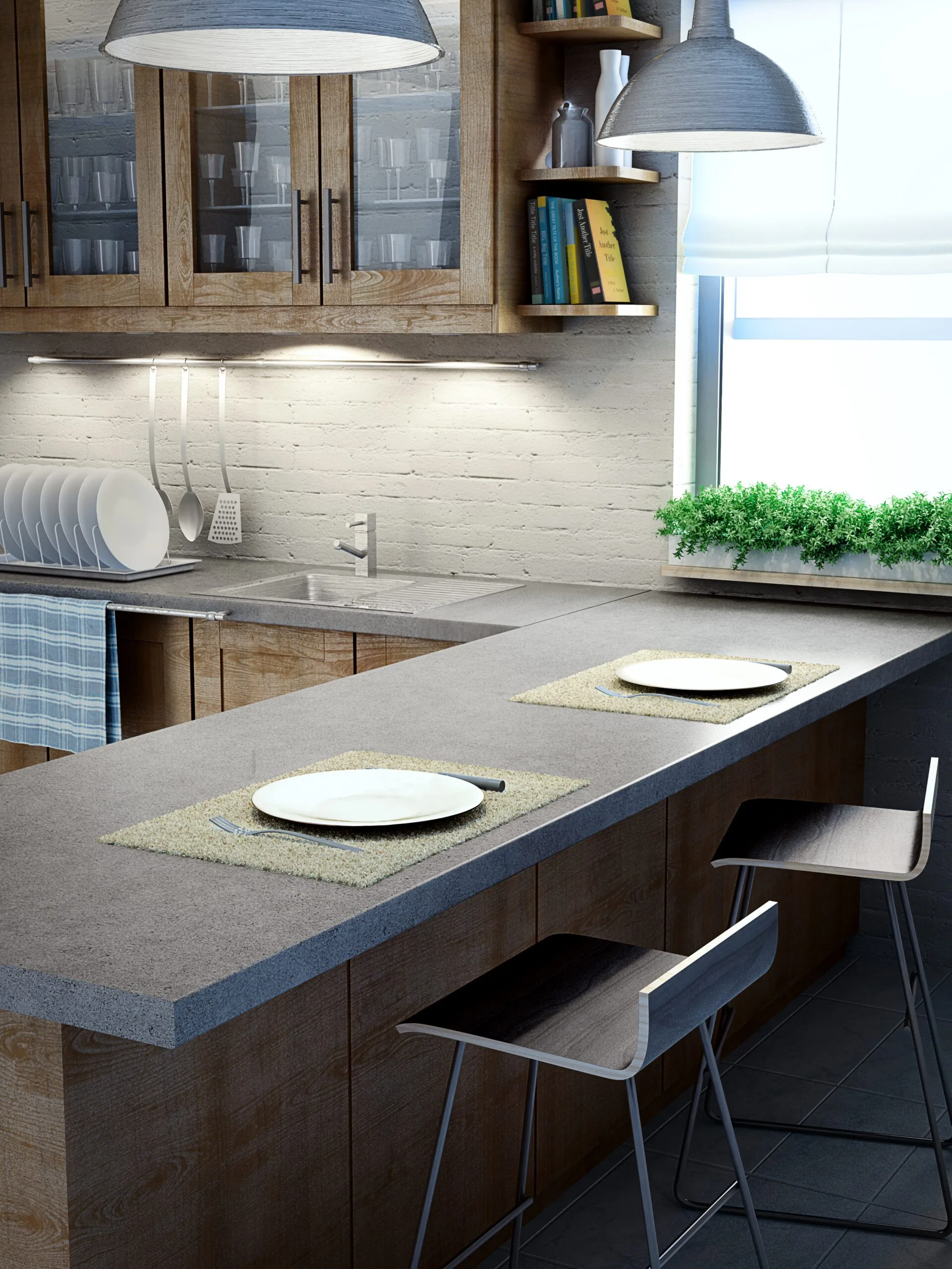 Modern kitchen interior with a breakfast bar, two stools, and pendant lights over a concrete countertop.