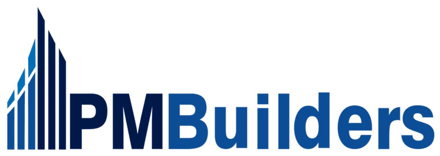 Untitled design (2) Logo of pmb builders featuring a stylized skyscraper graphic next to the text "pmbuilders" in dark blue, set against a transparent background.